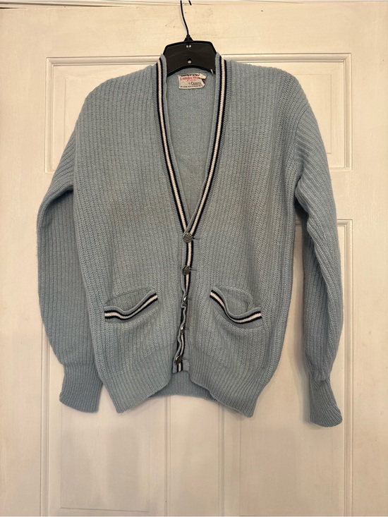Campus Sweaters - Vintage Light Blue Knit Cardigan with Striped Trim